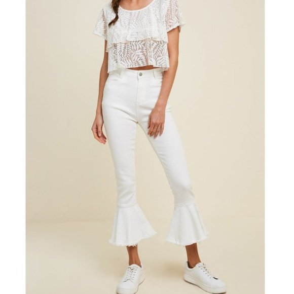 White Denim Skinny Cropped Bell Bottom Flared Jeans Pants - Picture 3 of 4